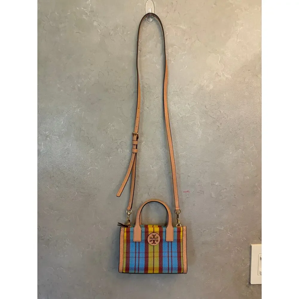 Tory Burch Ella Mini Plaid Top Handle Crossbody Tote Bag Multicolor Leather Trim - Picture 9 of 16